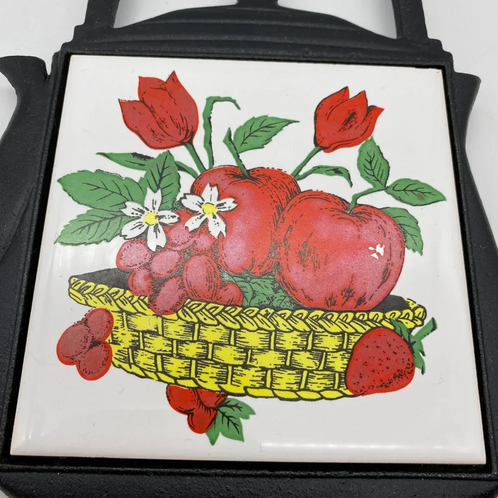 Vintage metal tea kettle tile trivet Made Taiwan Apple rose basket fruit